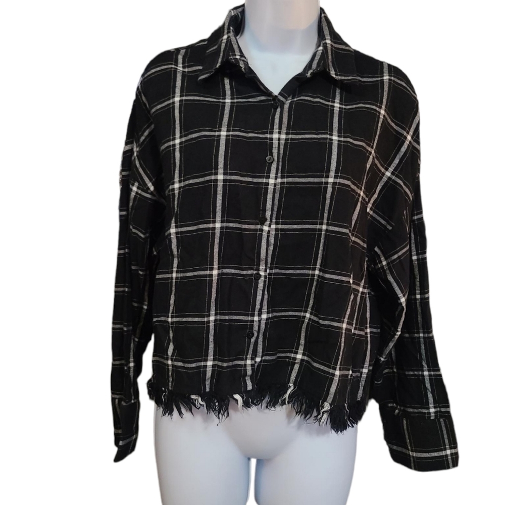 ZARA Trafaluc plaid fringed button down S